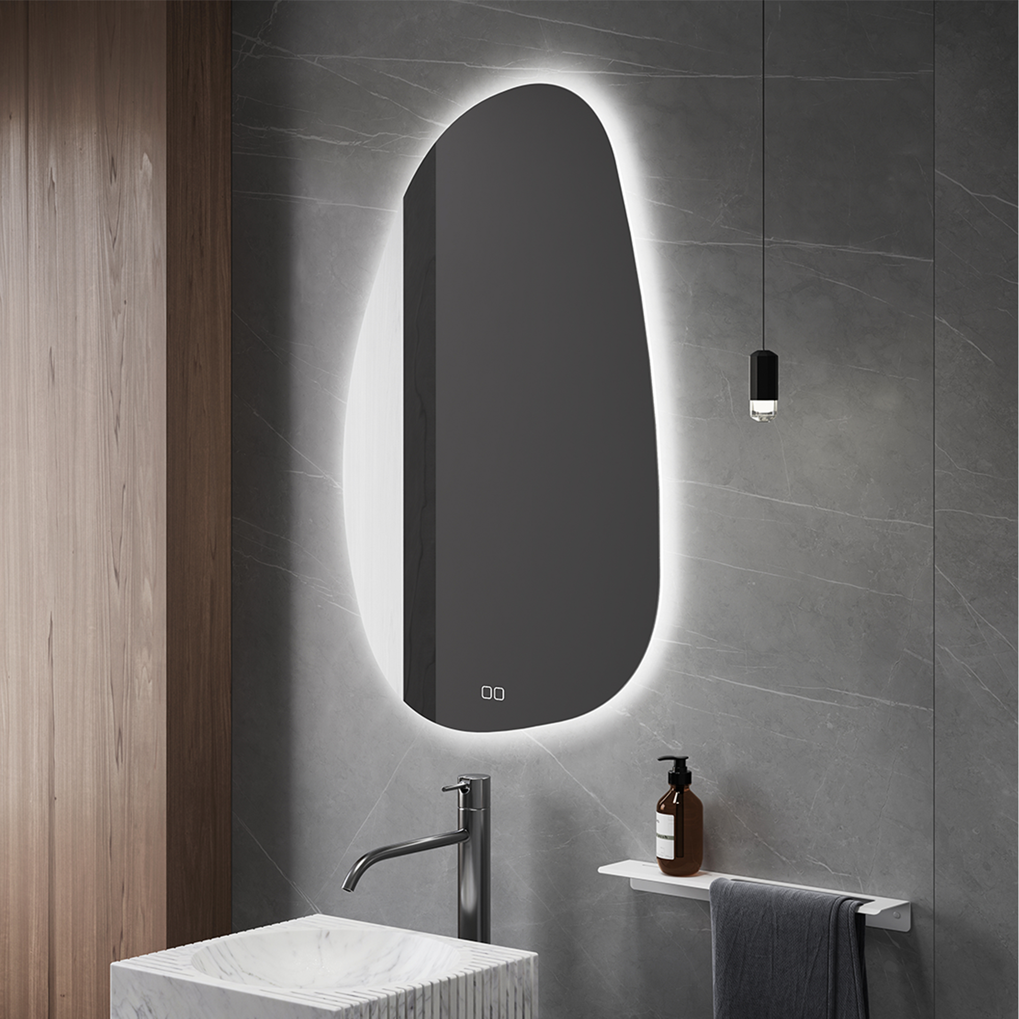 Close-up of STONE mirror’s artistic and modern shape